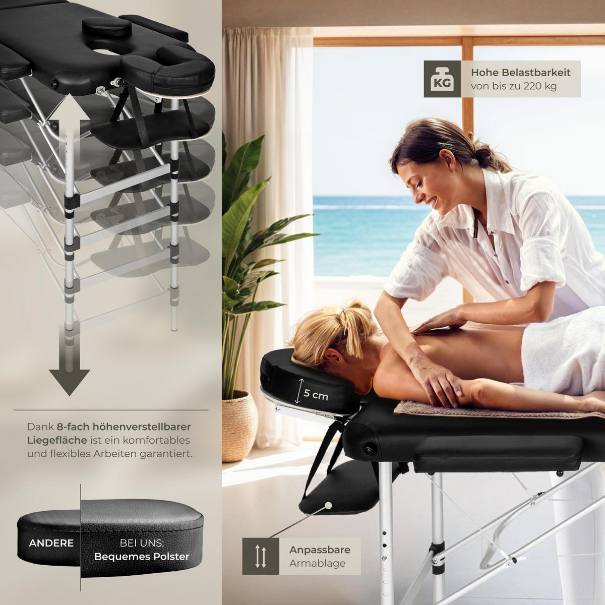 MASSAGELIEGE 3 Zonen, 210 x 95 x 89 cm,schwarz - Schwarz, Metall (95/89/210cm) - tectake