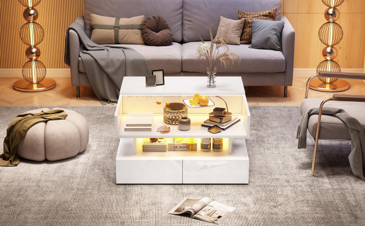 COUCHTISCH, hydraulisch höhenverstellbar, Hochglanz Weiß mit LED & Stauraum, 80/80/45 cm,Weiß - Weiß, Holzwerkstoff (80/80/45cm) - Redom