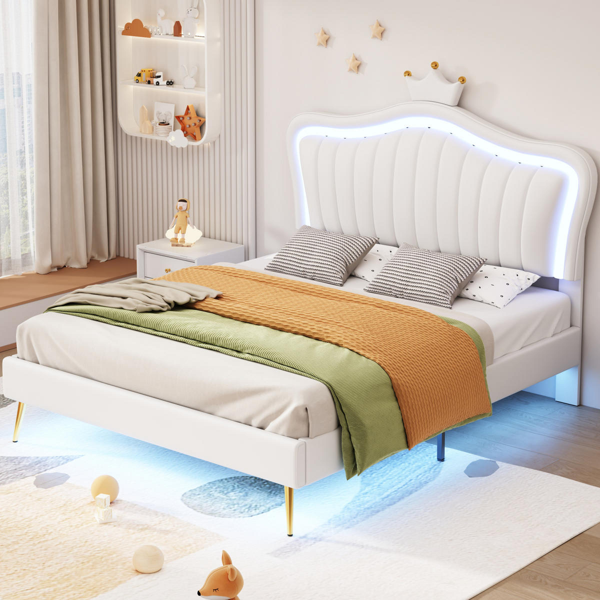 KINDERBETT Polsterbett 140/200 cm aus Kunstleder mit Muschel-Kopfteil, Krone und LED-Beleuchtung Weiß - Weiß, Textil (140/200cm) - Modenvie