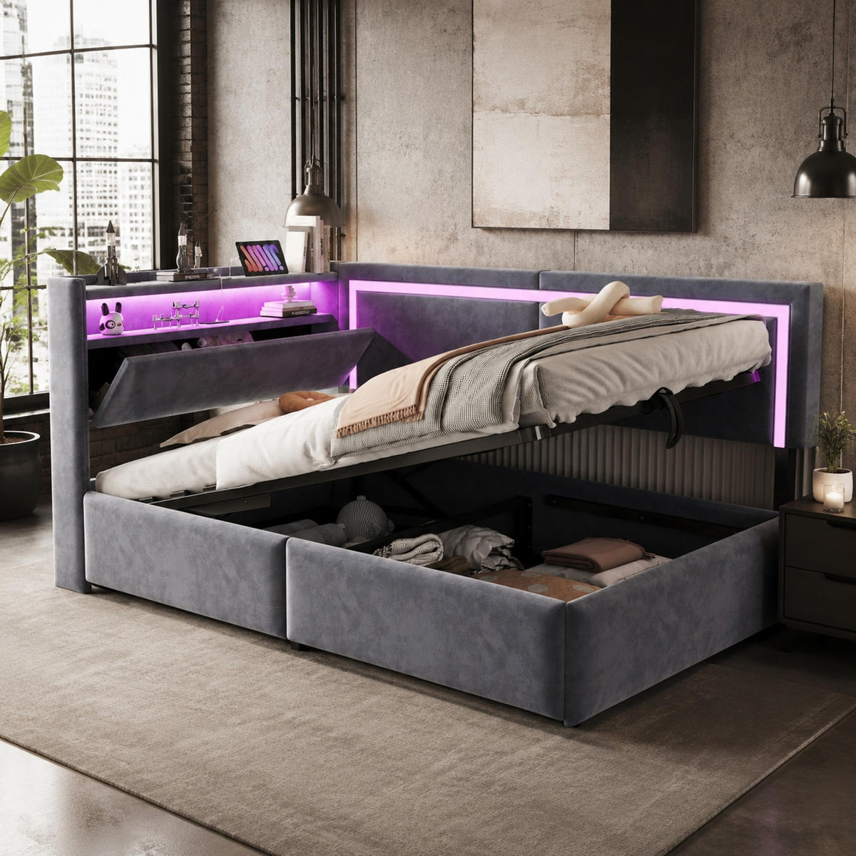 POLSTERBETT 90/200 mit Bettkasten, LED-Beleuchtung und USB in Dunkelgrau - Dunkelgrau, Holzwerkstoff/Textil (90/200cm) - EVRYAE