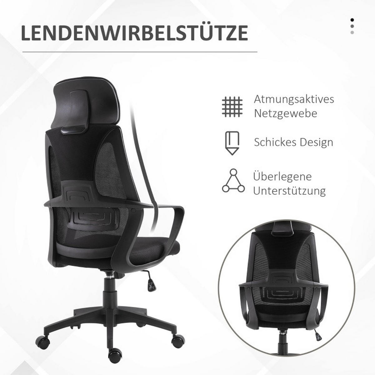 BÜROSTUHL in Schwarz 55x64x126 cm mit Höhenverstellung, Wippfunktion und verstellbarer Kopfstütze - Schwarz, Textil (64/126/55cm) - IVMEU