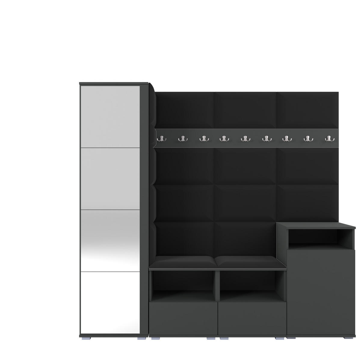 GARDEROBE NELA X 200 cm (Modulare Flurmöbel Graphit mit Spiegel & Sitzpolster Schwarz 16 Schrank + Sideboard) - Silberfarben/Schwarz, Holz/Holzwerkstoff (200/187/40cm) - Ravio