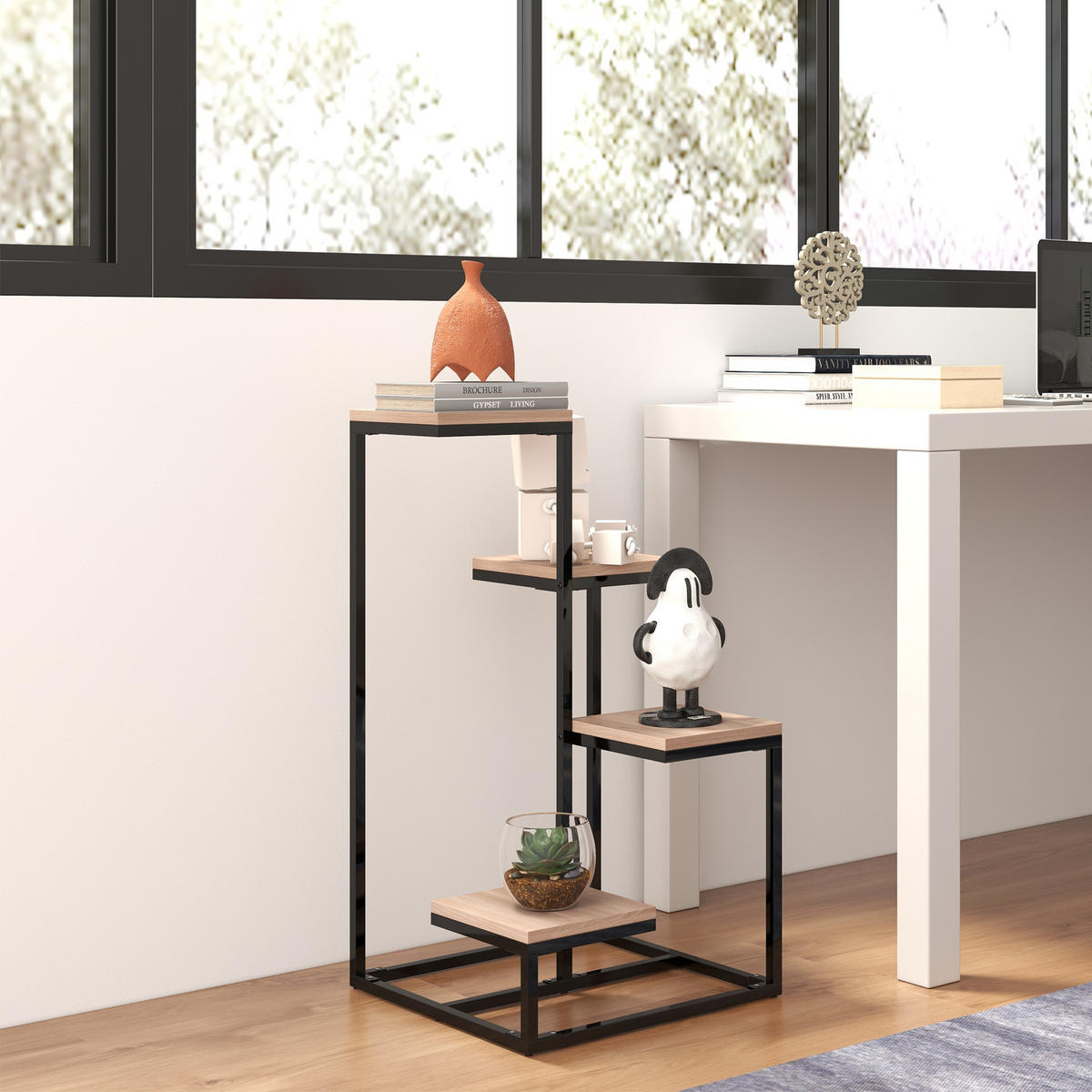 BLUMENTREPPE DE-12152 4-stufig, verschiedene Höhen, industriell Schwarz/Natur - Braun, Metall (40/75.5/40cm) - ComfortXL
