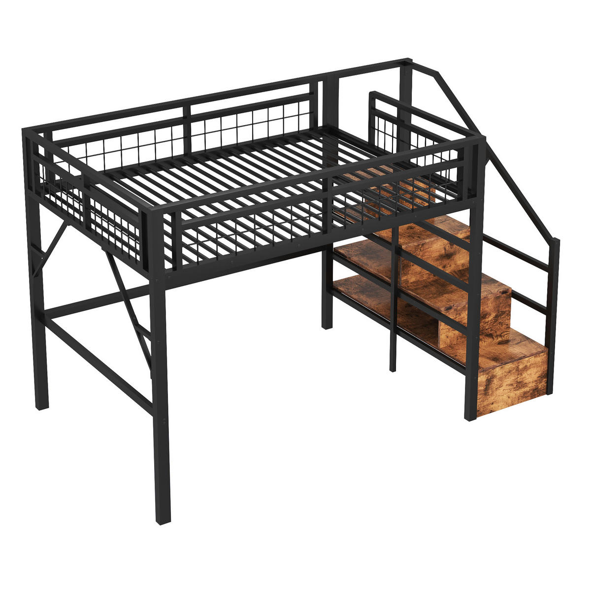 HOCHBETT 140/200 cm schwarz aus Metall und MDF mit LED und Stauraumtreppe - Schwarz, Metall (140/200cm) - OKWISH