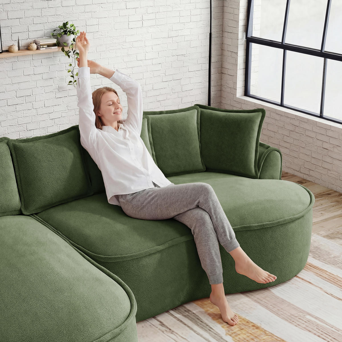 ECKSOFA Chenille Grün mit Kissen - Grün, Textil (252/164cm) - WISHDOR