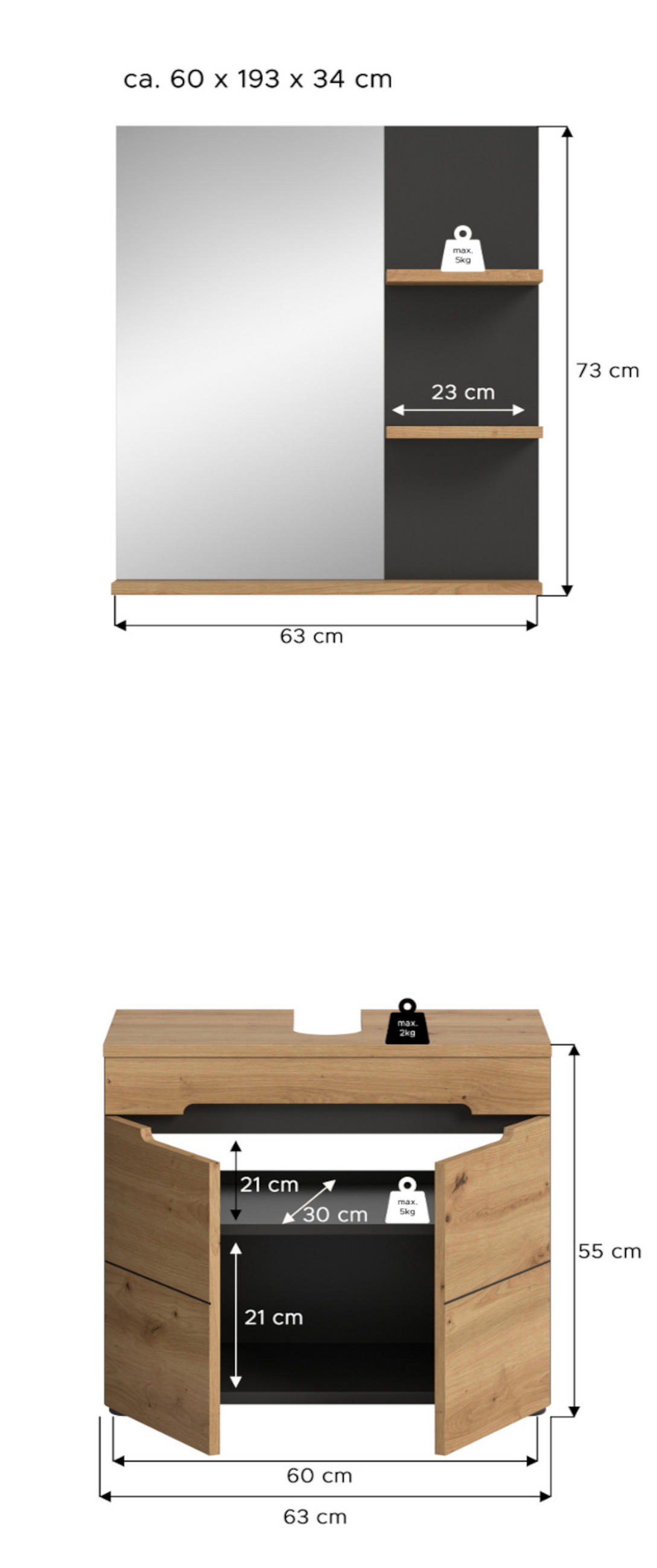 BADMÖBEL-SET Eiche, grau 2-teilig 63 cm, Komplettset mit Soft-Close - Schwarz/Eiche Artisan, Glas/Holzwerkstoff (63/193/34cm) - Inn.Furn