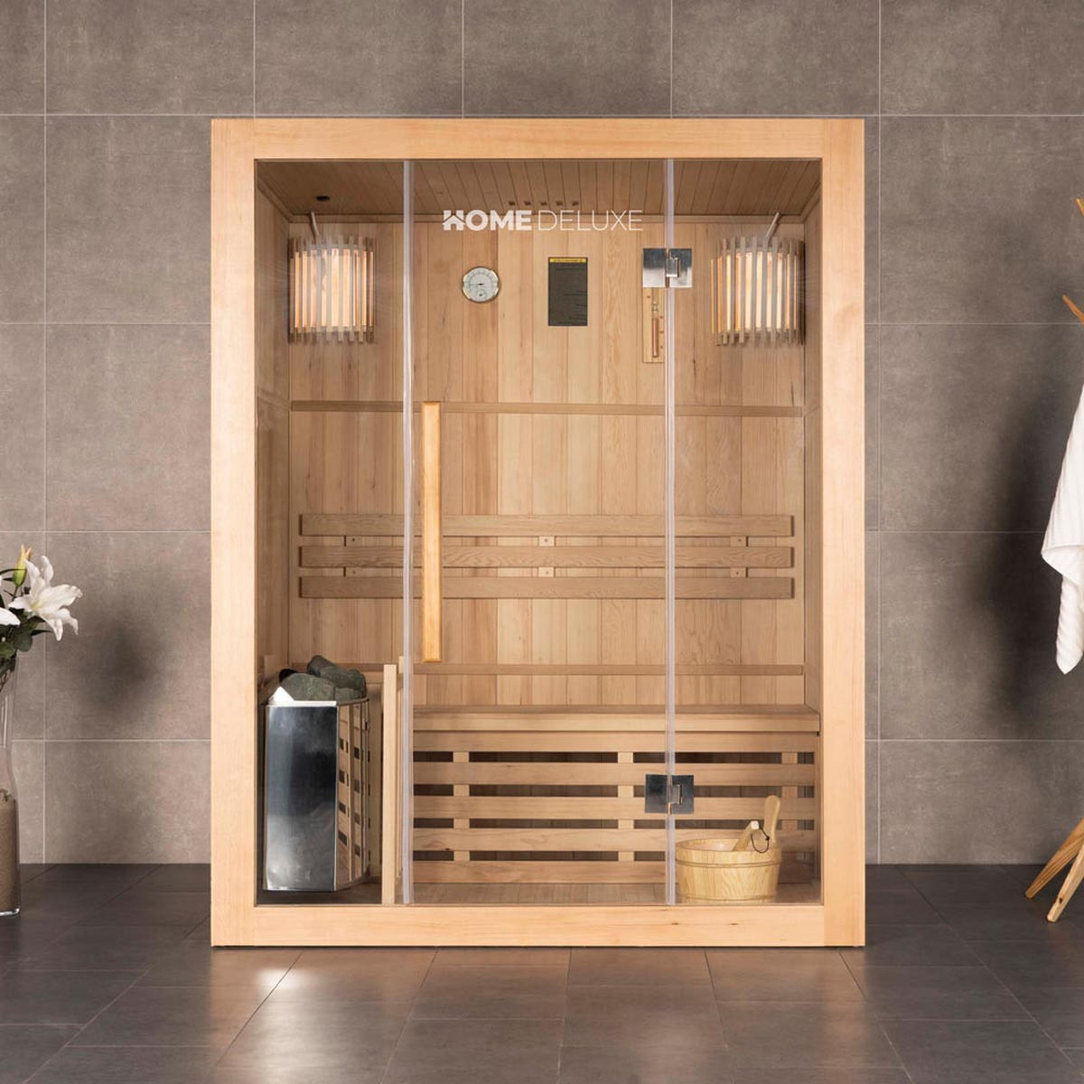 SAUNA SKYLINE L - Mit Holzwand, 150 x 120 x 190 cm - Naturfarben, Holz (150/190/120cm) - Home Deluxe
