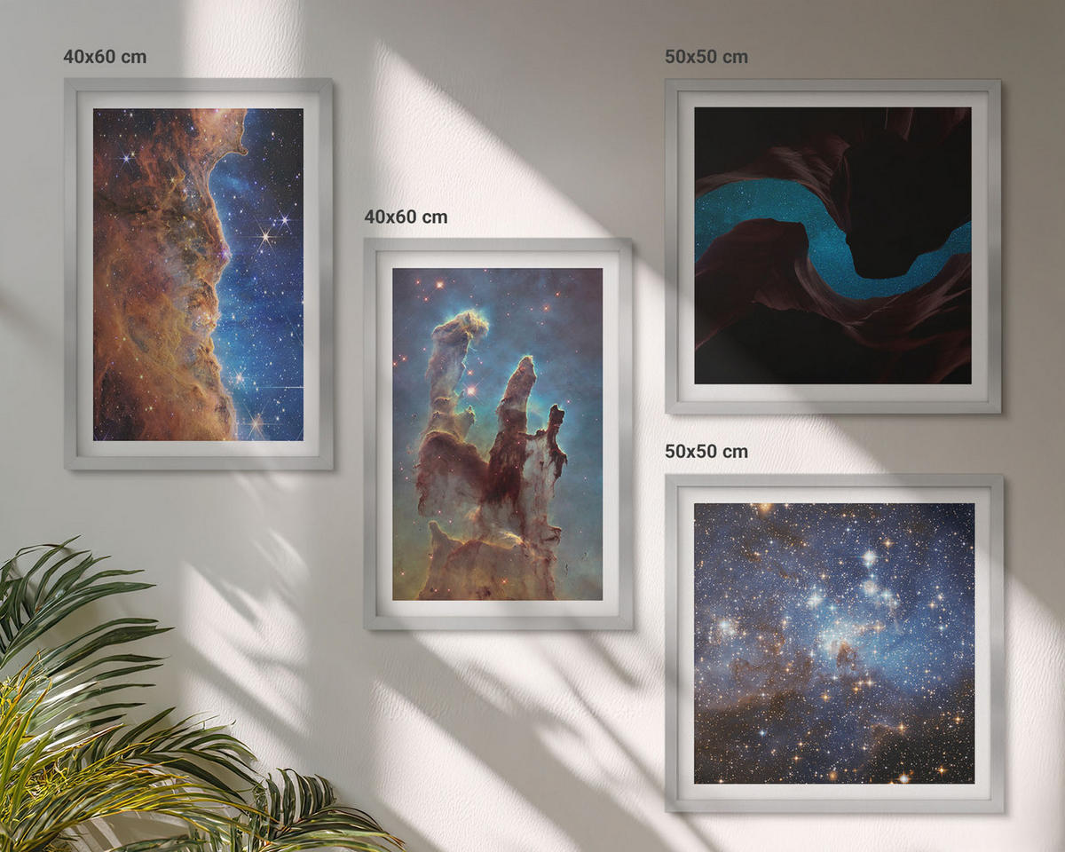 WANDBILDER 4er Set - 50x50 cm & 40x60 cm Silberner Rahmen - Weltraumlandschaften von Galaxien - Silberfarben, Kunststoff (50/50cm) - ArtPrintCave