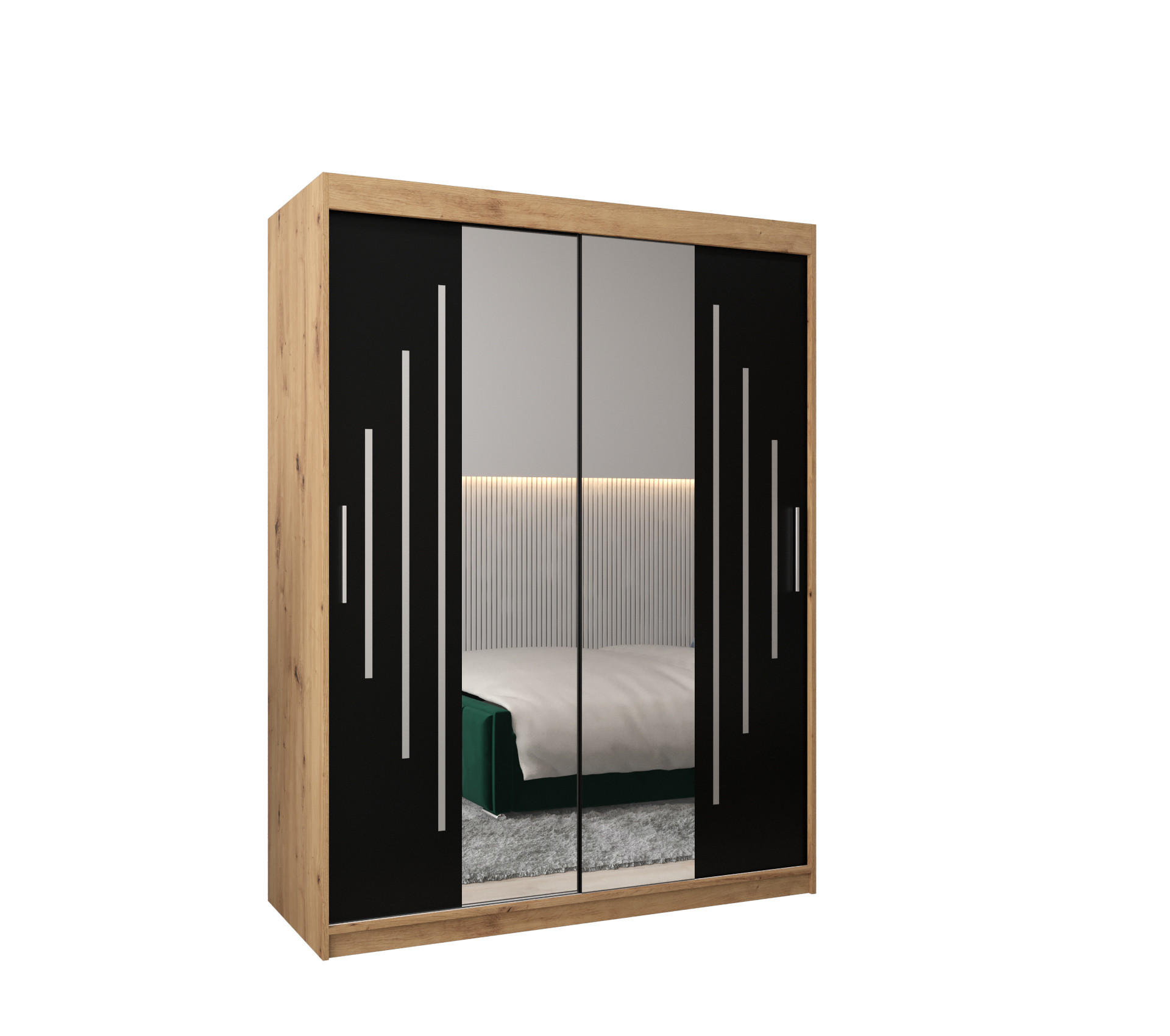 Abiks Möbel Schwebetürenschrank Eiche Artisan, Schwarz 150x200x62 cm