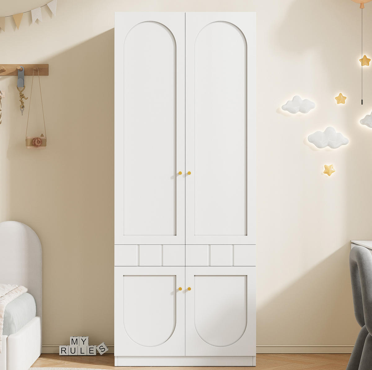 KLEIDERSCHRANK aus MDF 80x50x200 cm Weiß mit Doppeltüren, Schubladen und platzsparendem Stauraum - Weiß, Holzwerkstoff (80/200/50cm) - Modfu