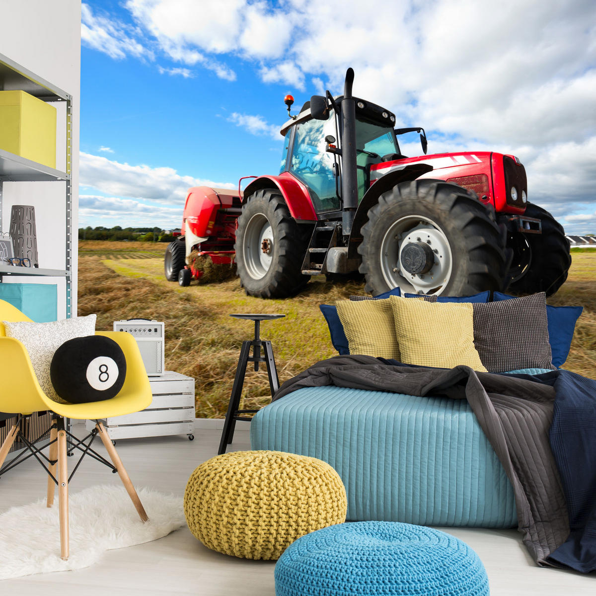 FOTOTAPETA Červený Traktor Pole Žatva Poľnohospodárstvo Rustikálna 300 x 210 cm - hnedá/žltá, papier (300/210cm) - Muralo