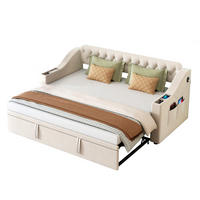 BETT aus Samtstoff 90x190/180x190 cm Beige mit USB- und Type-C-Anschluss, Stauraum und Auszugsfunktion - Beige, Textil (90/180cm) - Modfu