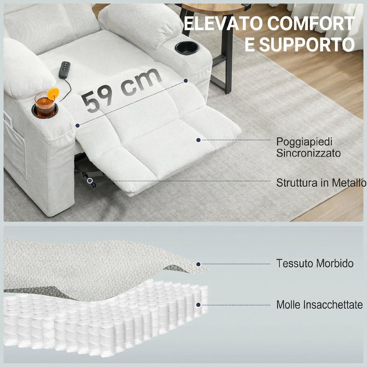 RELAXSESSEL,ELEKTRISCH 150° Samt Memory Fernbedienung Fußstütze,creme - Creme, Textil (90/105/94cm) - Vallsero