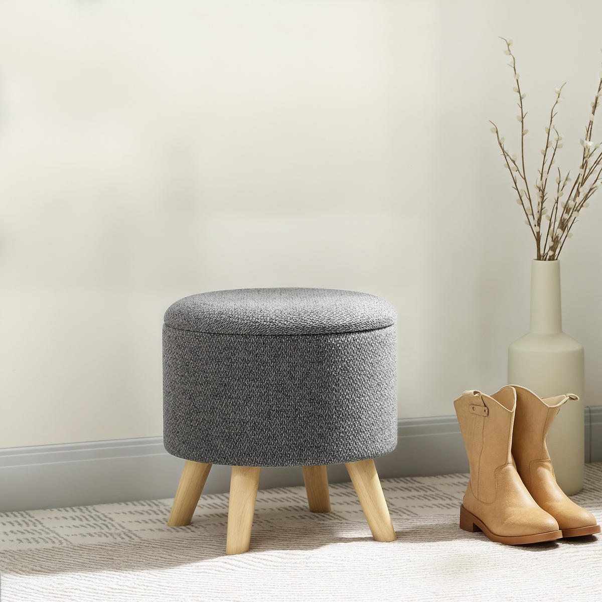 POUF DE-16378 runder Sitzhocker mit Stauraum und Holzbeinen Grau - Grau, Textil (39/40/39cm) - ComfortXL