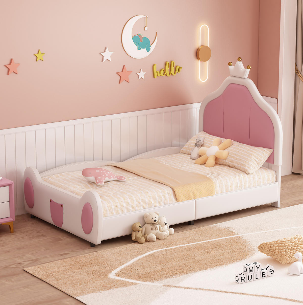 KINDEREINZELBETTEN aus Kunstleder 90x200 cm in Weiß mit Kronen-Kopfteil - Weiß, Leder (90/200cm) - Modfu