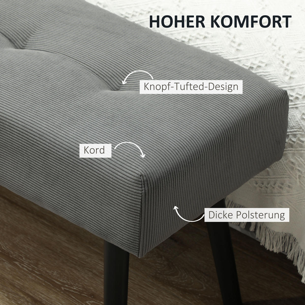 SITZBANK Polsterbank mit Cordbezug, Bettbank mit Metallbeine, Schuhbank Grau - Grau, Kunststoff (36/45/100cm) - HOMCOM