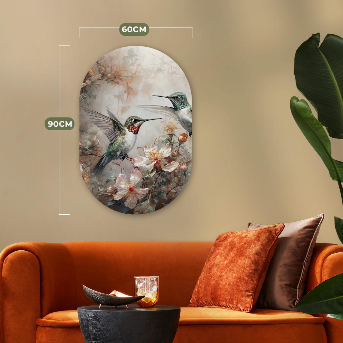 WANDBILD Kolibri - Vögel - Blumen - Pflanzen 60x90 cm - Hellgrün, Kunststoff (60/90cm) - MuchoWow