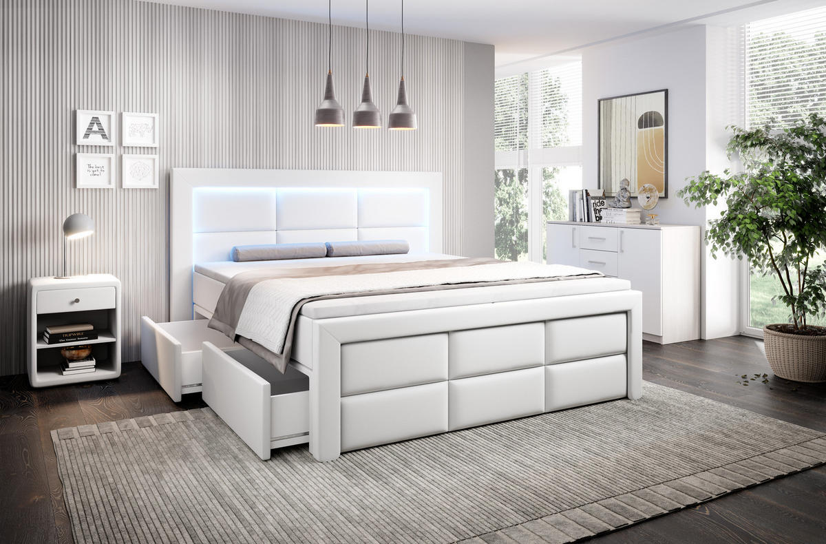 BOXSPRINGBETT Aspen mit Schubladen und Topper, LED-Beleuchtung, Kunstleder, 180x200 cm, Weiß - Weiß, Holz - PROMETO Möbel