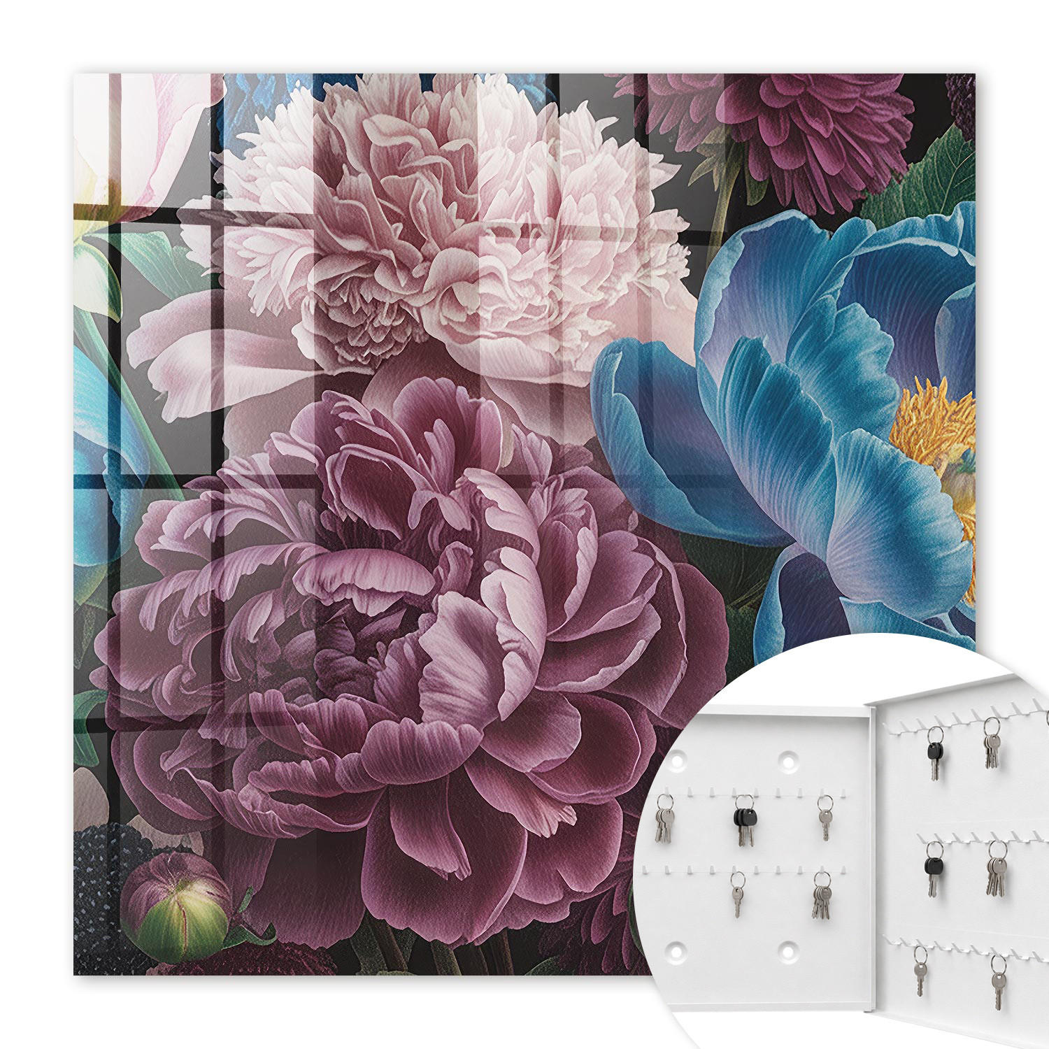 SCHLÜSSELBOX Weiß 30x30 cm – Türöffnung nach rechts - Bunte Blumen - Pink, Metall (30/30/5cm) - TULUP