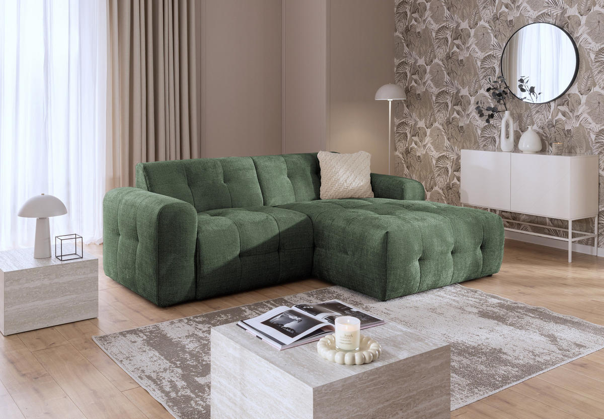 ECKSOFA mit Ottomane rechts, raffinierten Steppungen, Wellenunterfederung, B234/T161/H79 cm, Chenille-Bezug in Grün / 21039 - Schwarz/Grün, Kunststoff/Textil (234/79/161cm) - luma-home