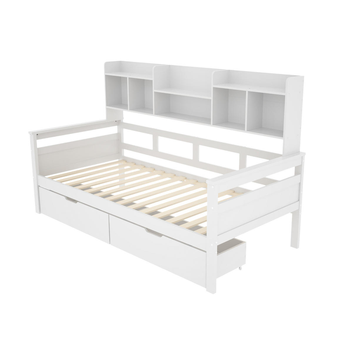 KINDERBETT 90/200 cm als Schlafsofa mit 2 Schubladen, Seitenregalen und Lattenrost, Weiß - Weiß, Holzwerkstoff (90/200cm) - Redom