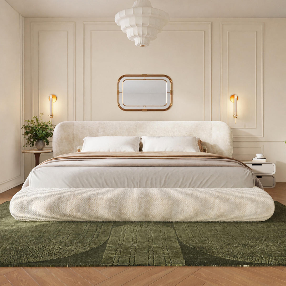 POLSTERBETT aus Chenille 160x200 cm Beige mit Lattenrost und gepolstertem Kopfteil - Beige, Textil (160/200cm) - Modfu