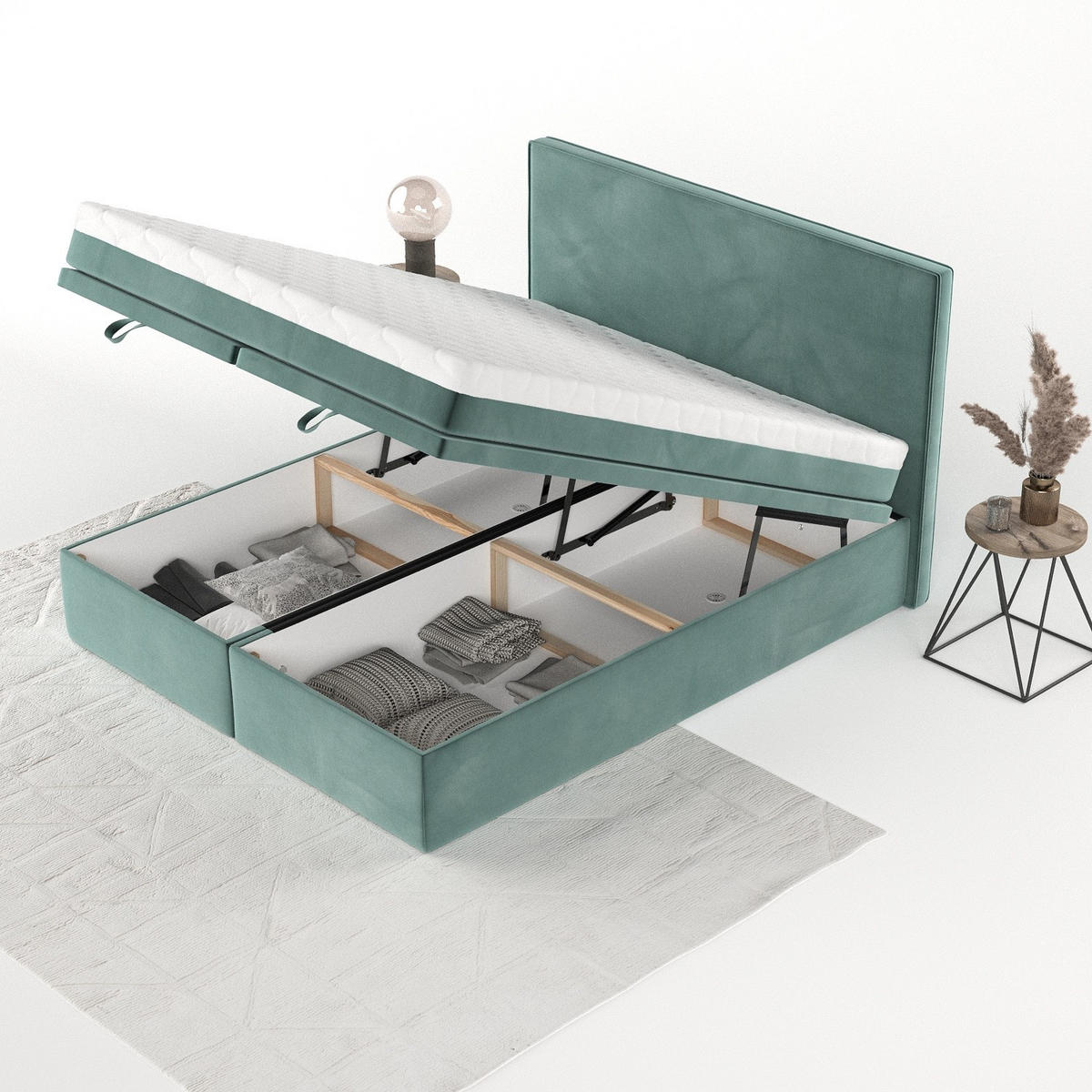 BOXBETT Zalla 160/200 cm Türkis im Kronos Stoff - Türkis/Schwarz, Holz/Holzwerkstoff (160/200cm) - AltaBeds