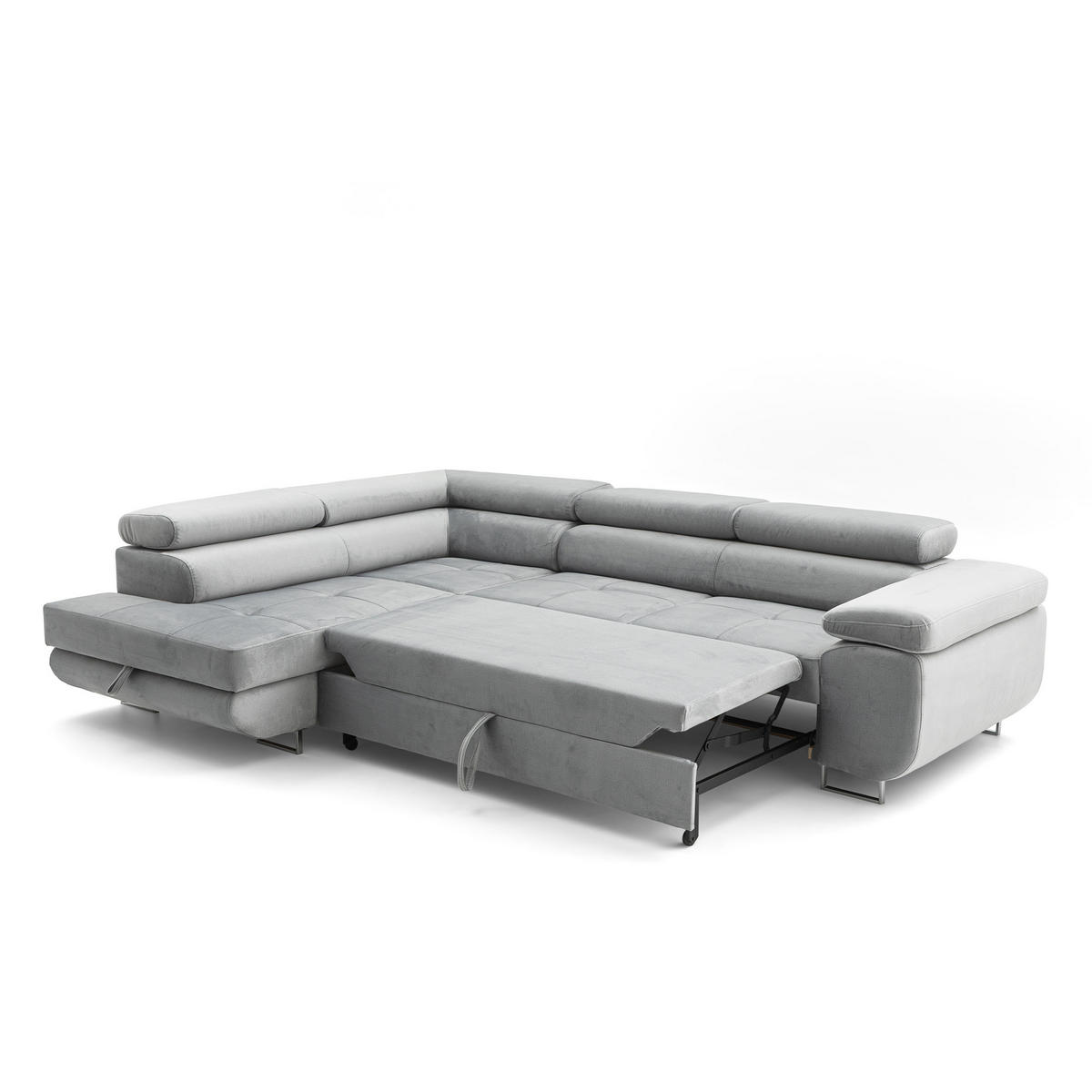 ECKSOFA WILD L Links mit Schlaffunktion 127x195 Velours Hellgrau - Chromfarben/Hellgrau, Holz/Textil (203/274cm) - Muffo