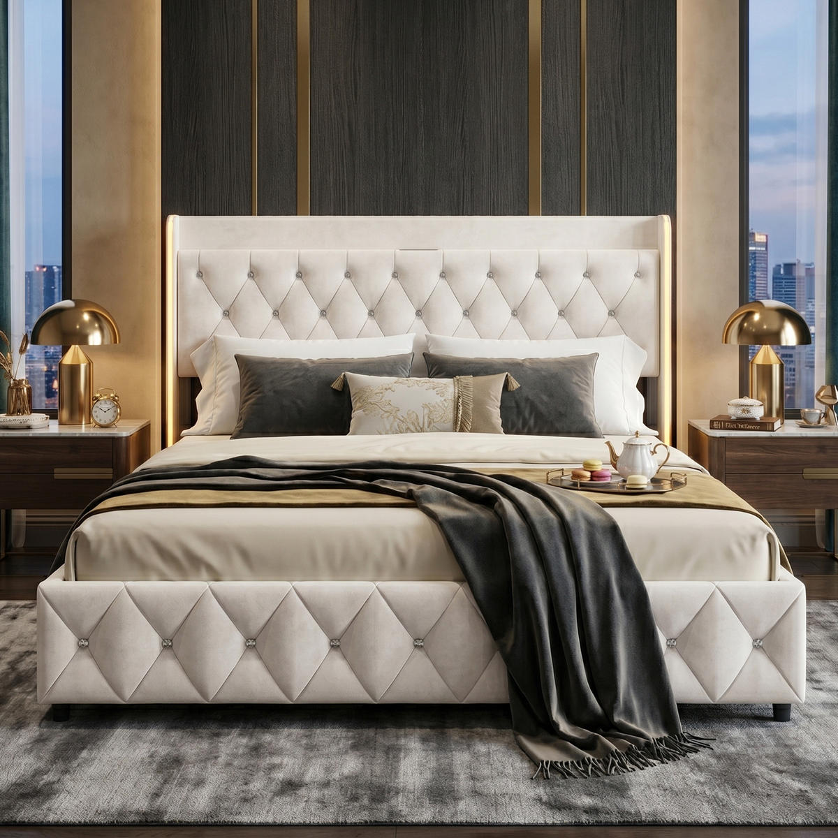 POLSTERBETT Rautensteppung 140/200 cm mit Bettkasten & Lauflicht-LED Samtoptik Beige - Beige, Textil (140/200cm) - Creahappy