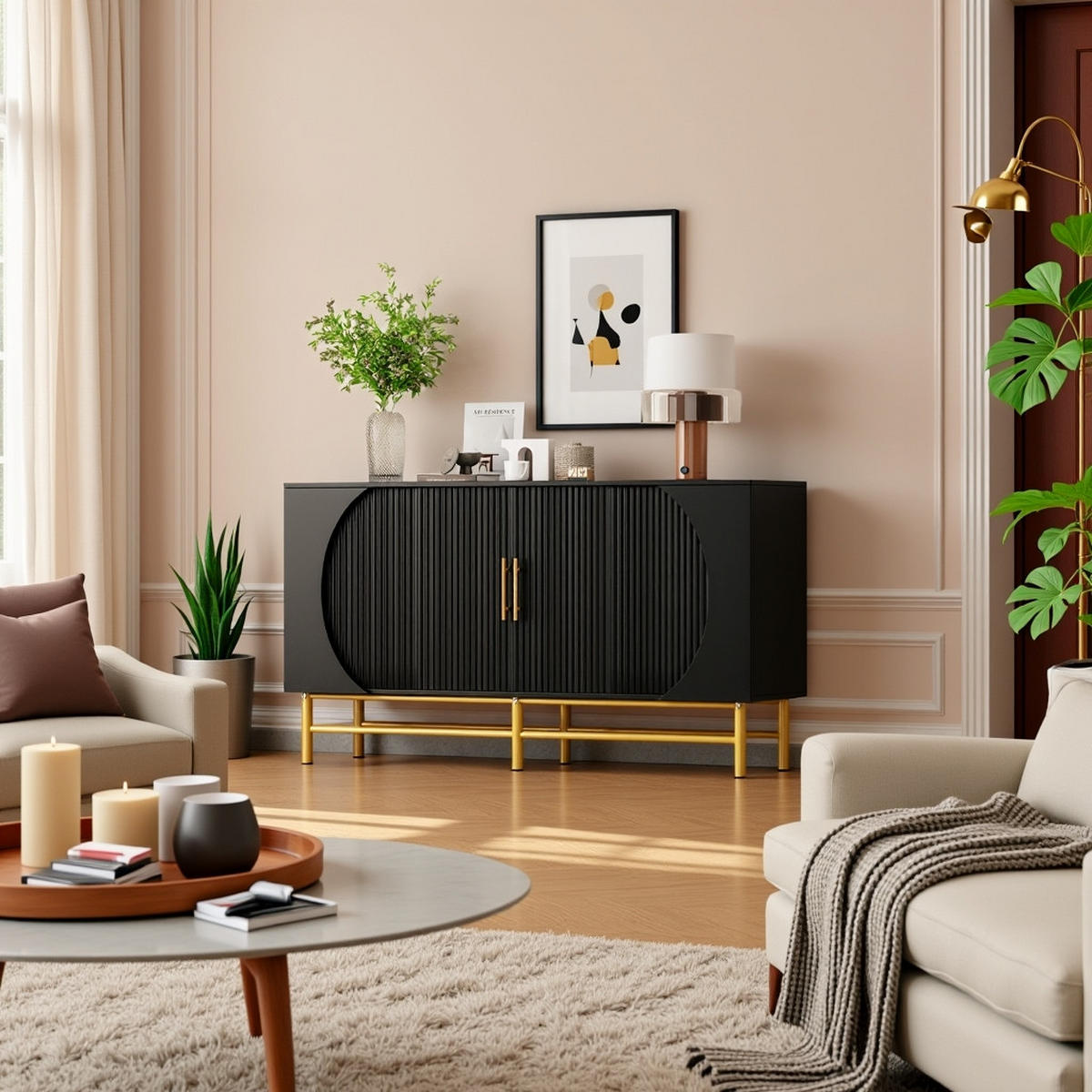SIDEBOARD mit vertikalem Streifenmuster - Walnussfarben, Holzwerkstoff (145/81.5/40cm) - Urban Meuble