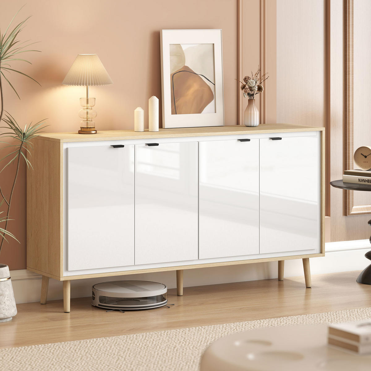 SIDEBOARD DE-11234 Hochglanz, 4 Türen & verstellbare Böden Weiß/Eiche - Weiß, Holzwerkstoff (141/77/35cm) - ComfortXL