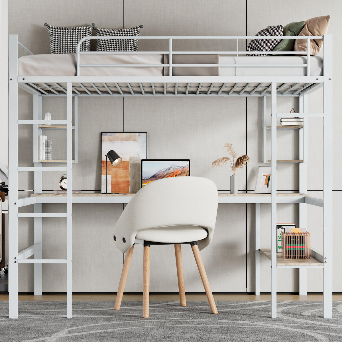HOCHBETT 90/200 cm Weiß aus Metall und MDF mit Schreibtisch und Regalen - Weiß, Metall (90/200cm) - OKMYHOME