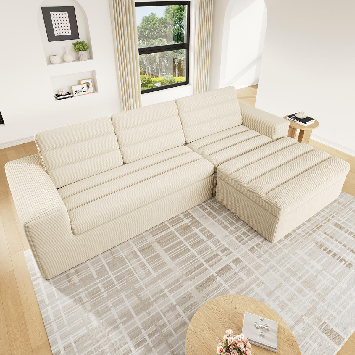 ECKSOFA mit rahmenloser Konstruktion und Cordstoff - Beige, Textil (253/161cm) - EVRYAE