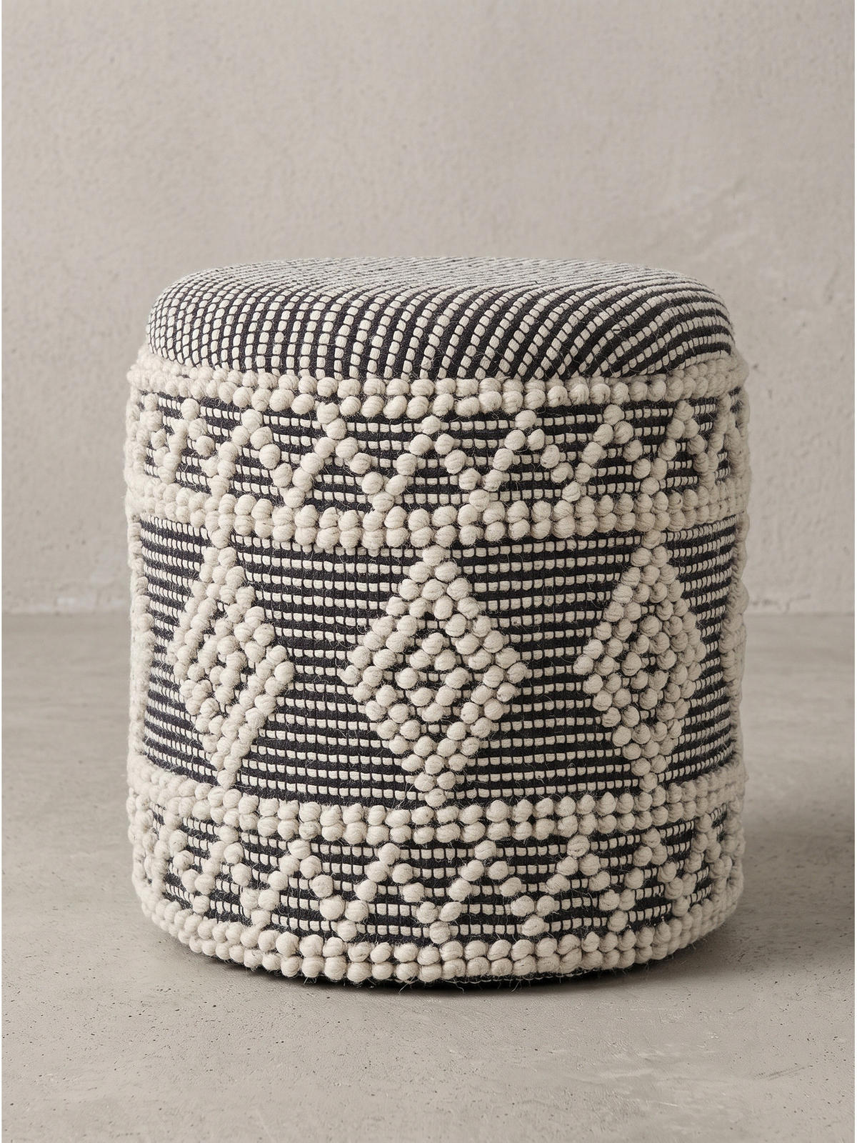 SITZHOCKER RHONE, Stoff, mit Textilbezug, mit Rautenstruktur, Creme-Schwarz, Ø 40 x 45 cm - Beige/Grau, Textil (40/45/40cm) - KADIMA DESIGN