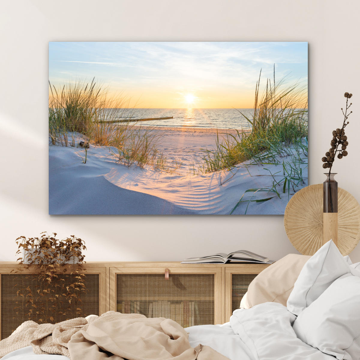 METALLBILD Strand - Sonne - Düne - Gras - Sand - Horizont 120x80 cm - Hellblau, Metall (120/80cm) - MuchoWow