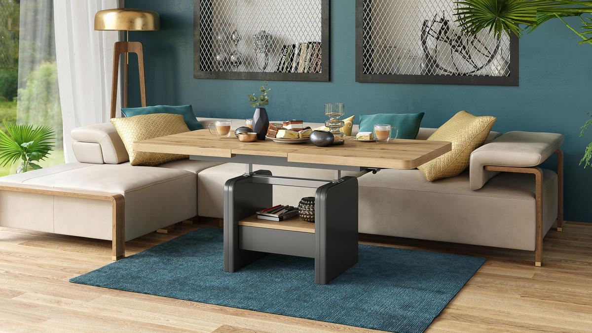 COUCHTISCH rechteckig Eiche Artisan - Anthrazit höhenverstellbar ausziehbar - Anthrazit/Eiche Artisan, Holzwerkstoff (75/180/75cm) - designimpex