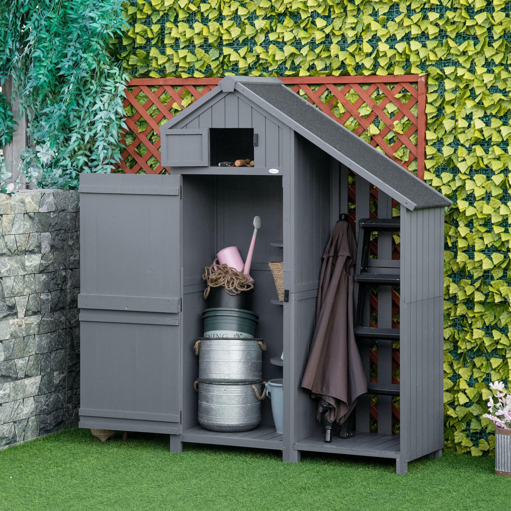 GARTENSCHRANK aus Holz, Geräteschuppen, Holzhütte, Giebeldach, Grau+Schwarz - Grau, Holz (51.5/180/129cm) - Outsunny