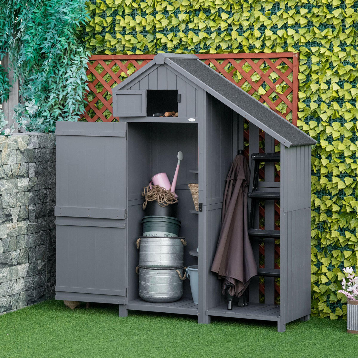 GARTENSCHRANK aus Holz, Geräteschuppen, Holzhütte, Giebeldach, Grau+Schwarz - Grau, Holz (51.5/180/129cm) - Outsunny