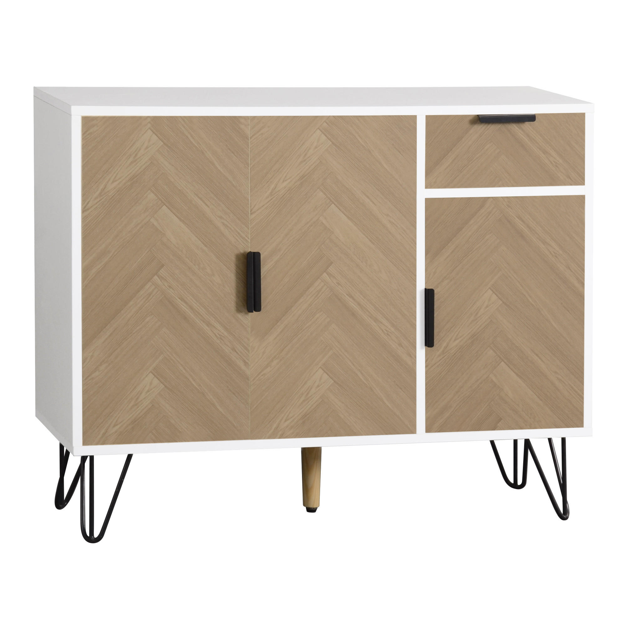 Modfu KOMODA z MDF a dřevotřísky 90x30x71,5 cm bílá/dekor dřeva se zásuvkou, 3 dvířky a nastavitelnými policemi