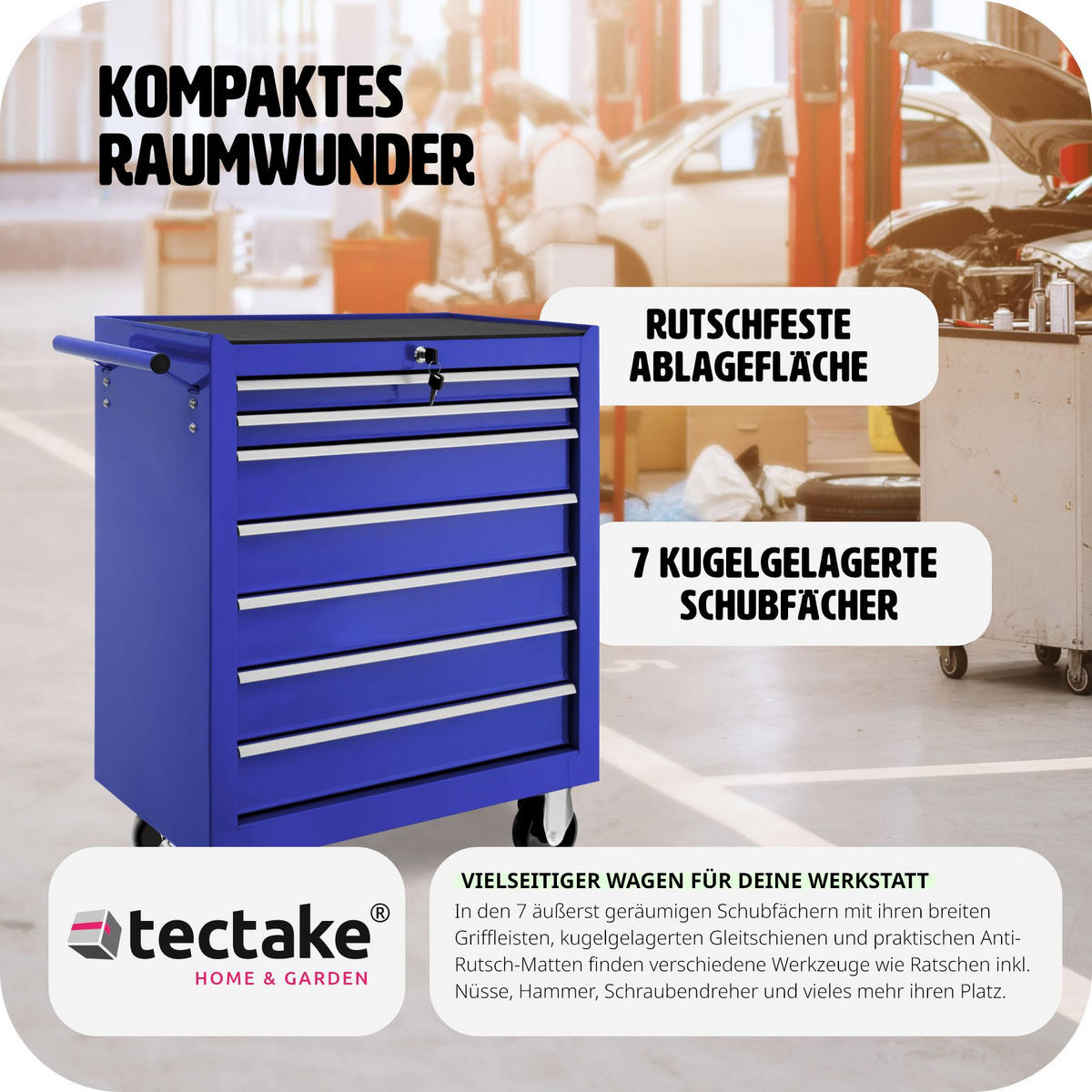 WERKZEUGWAGEN ,Rollen Ø 100 mm,blau - Blau, Metall (33/79/69cm) - tectake