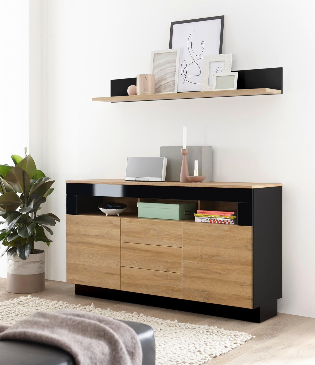 SIDEBOARD M14 Schwarz Hochglanz & Grandson Oak hell 149/85/43 cm mittel - Schwarz Hochglanz/Eichefarben, Holzwerkstoff (149/85/43cm) - Livojo