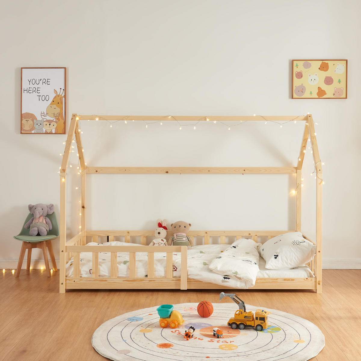 HAUSBETT Hesel mit Matratze - Naturfarben, Holz/Textil (90/200cm) - [en.casa]