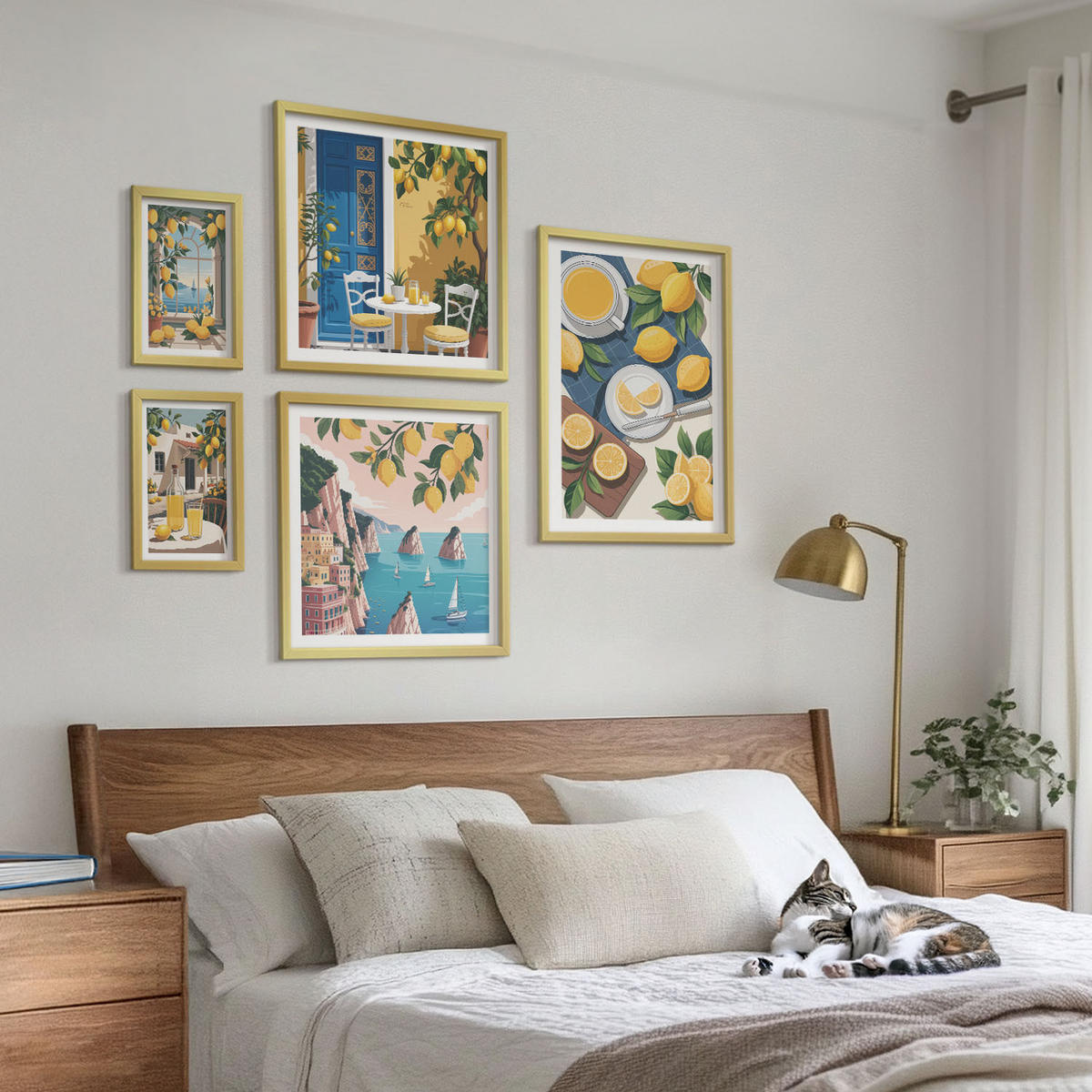 WANDBILDER 5er Set - 50x50 cm & 20x30 cm & 40x60 cm Goldrahmen - Berge, rosa Himmel, Wasser, Sukkulente - Goldfarben, Kunststoff (40/60cm) - ArtPrintCave
