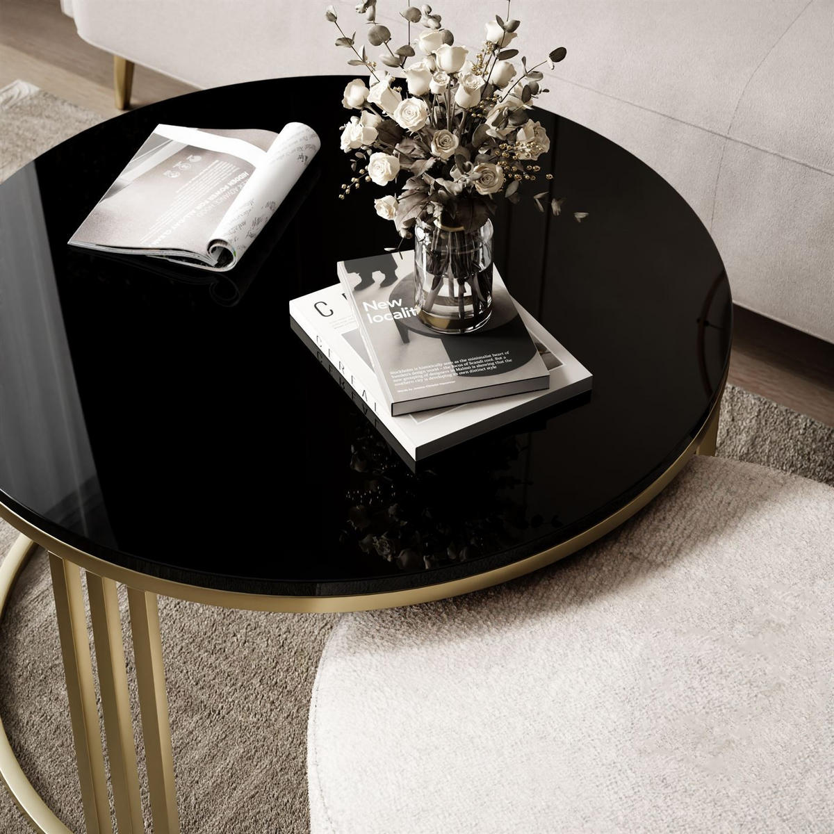 COUCHTISCH mit Hocker LORI Hochglanz gebürstetes Gold/Schwarz glänzend/Perfect Harmony 01 - Schwarz, Metall (70/70/49cm) - Lookway