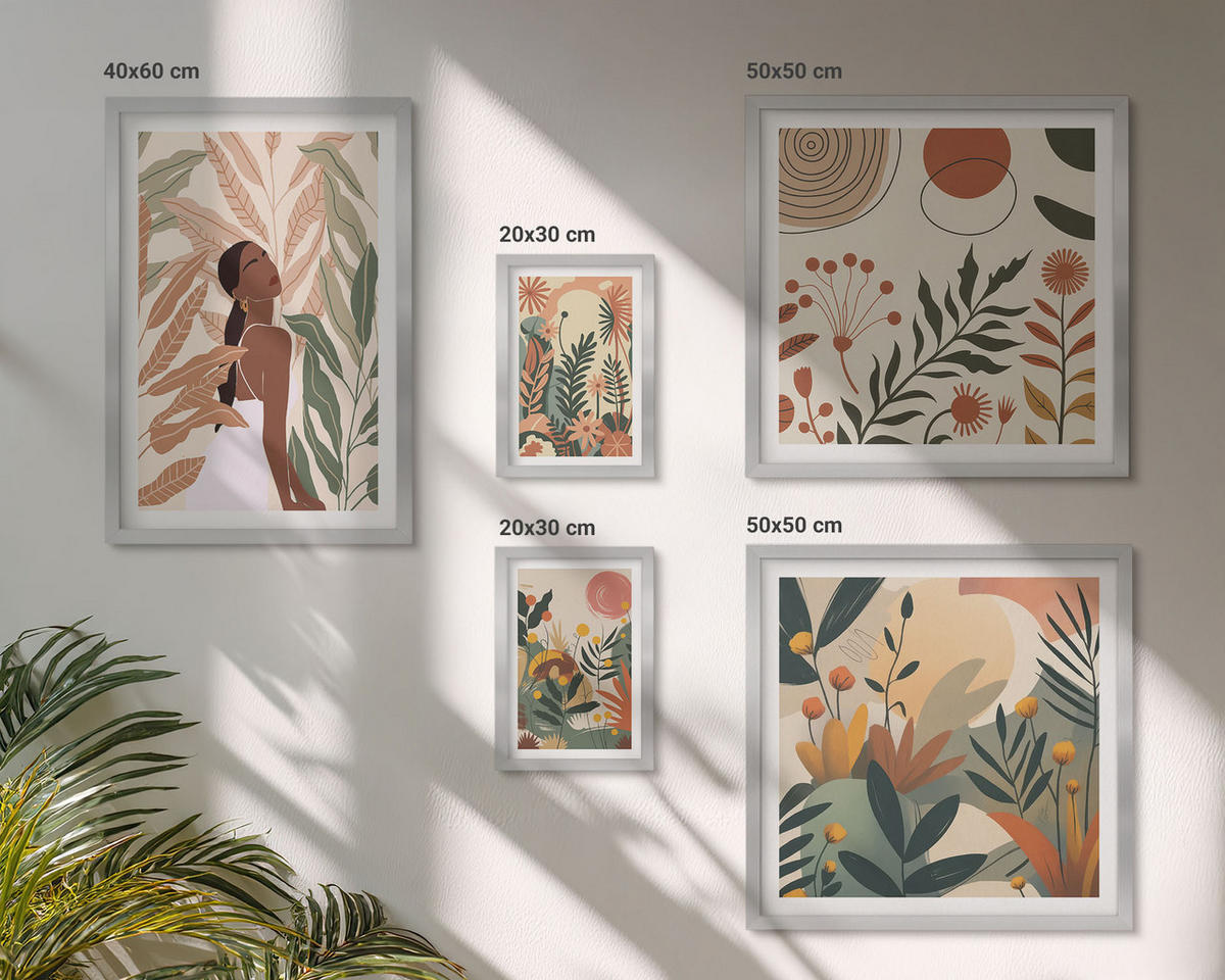 BILDER SET 5er Set - 50x50 cm & 20x30 cm & 40x60 cm Silberner Rahmen - Pflanzenmotive in Farben - Silberfarben, Kunststoff (40/60cm) - TULUP