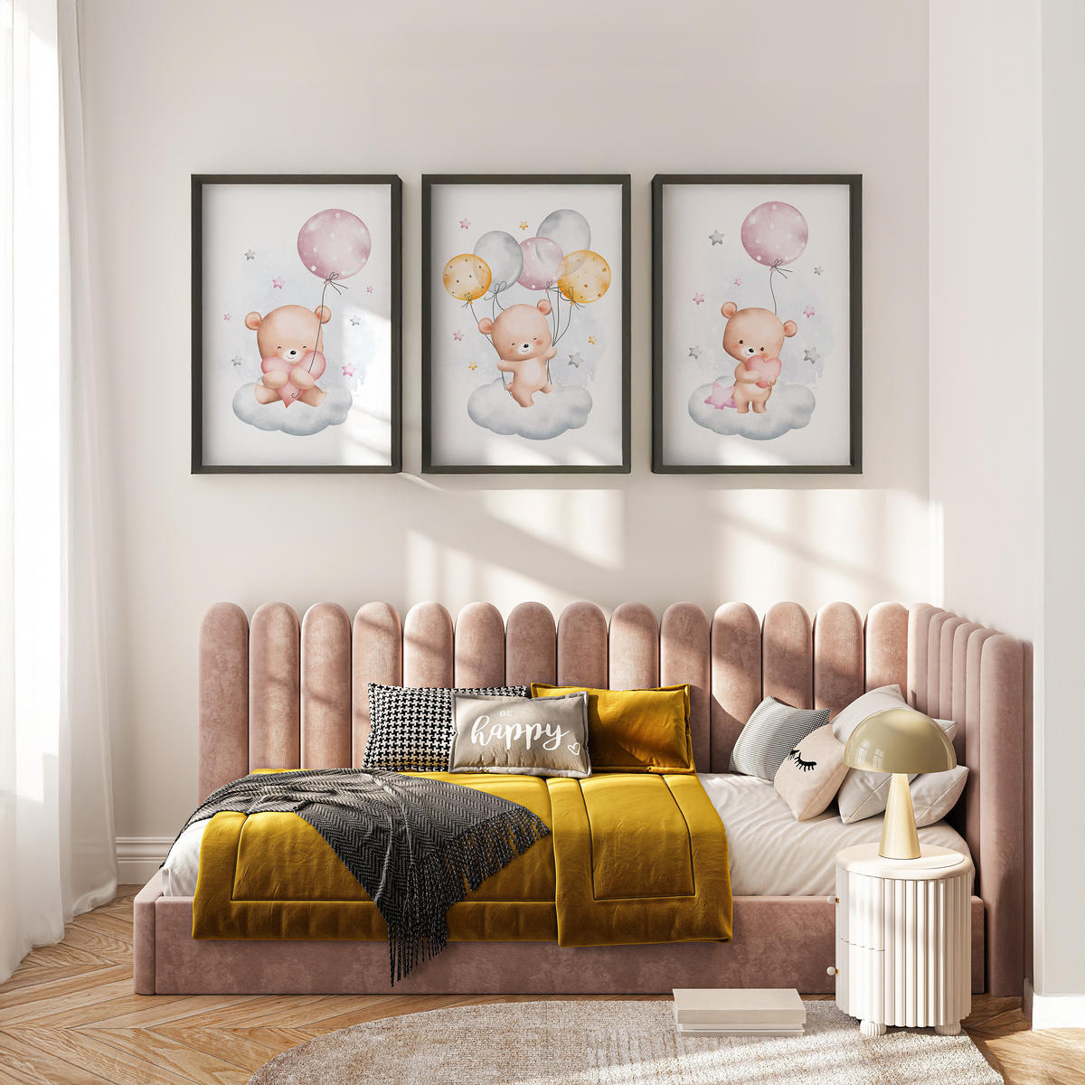 SADA PLAGÁTOV Do Detskej Izby Mackovia Oblaky Balóny Hviezdy 3x Plagát A3 30 x 42 cm - oranžová/hnedá, papier (30/42/1cm) - Muralo