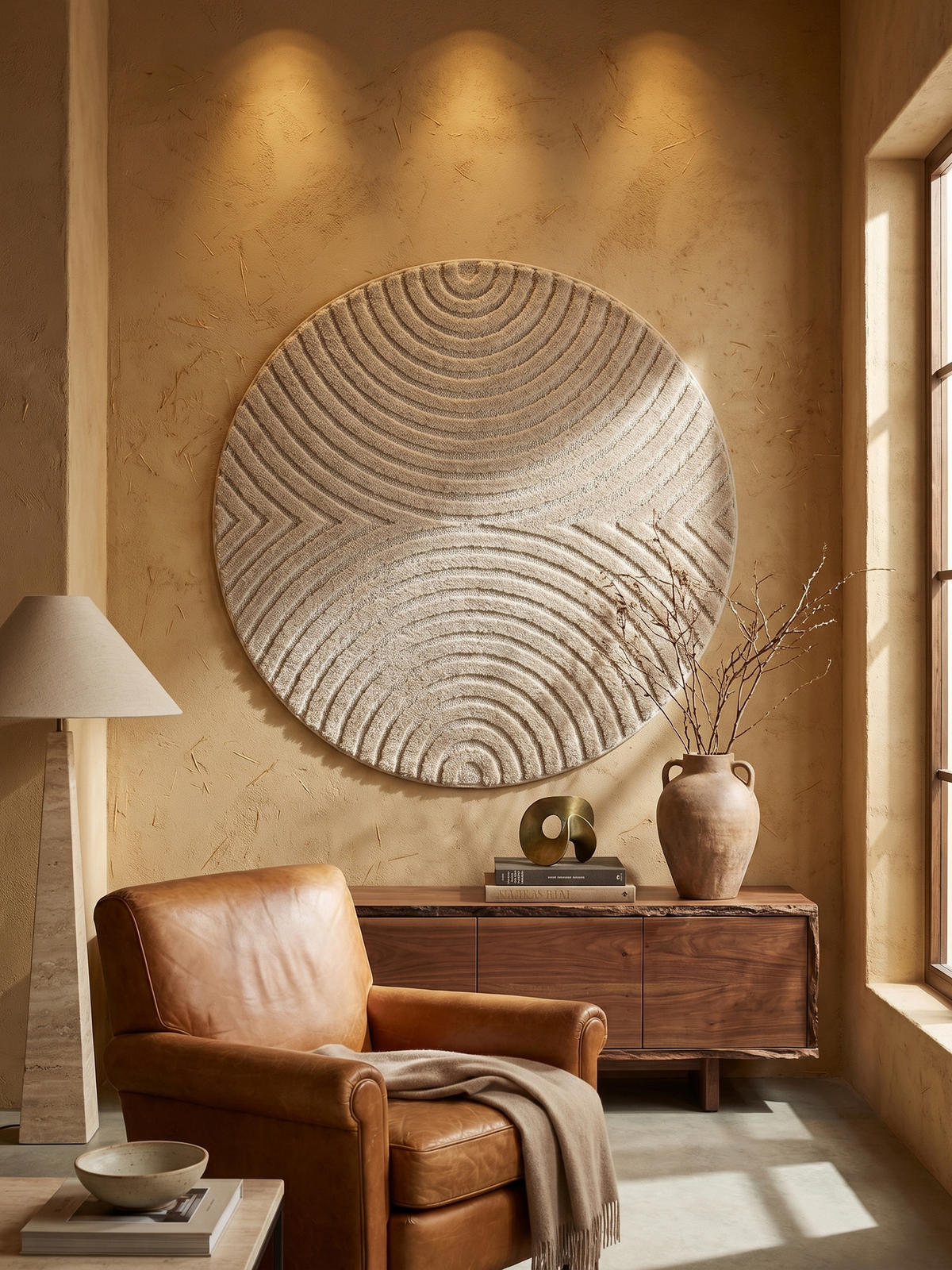 TEPPICH Wohnzimmer Hoch-Tief 3D-Effekt Organische Bögen mit 3D-Effekt OEKO-TEX 3D-Relief Boho Rund Beige 200x200 – RIGI - Beige, Textil (200/200cm) - KADIMA DESIGN