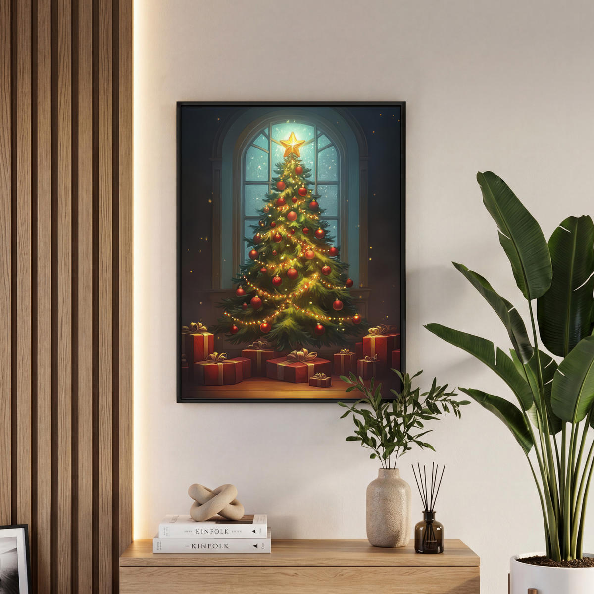 LEINWAND Bilder mit Rahmen - Weihnachtsbaum - Geschenk - Winter - 60x80 - Grün, Textil (60/80cm) - MuchoWow