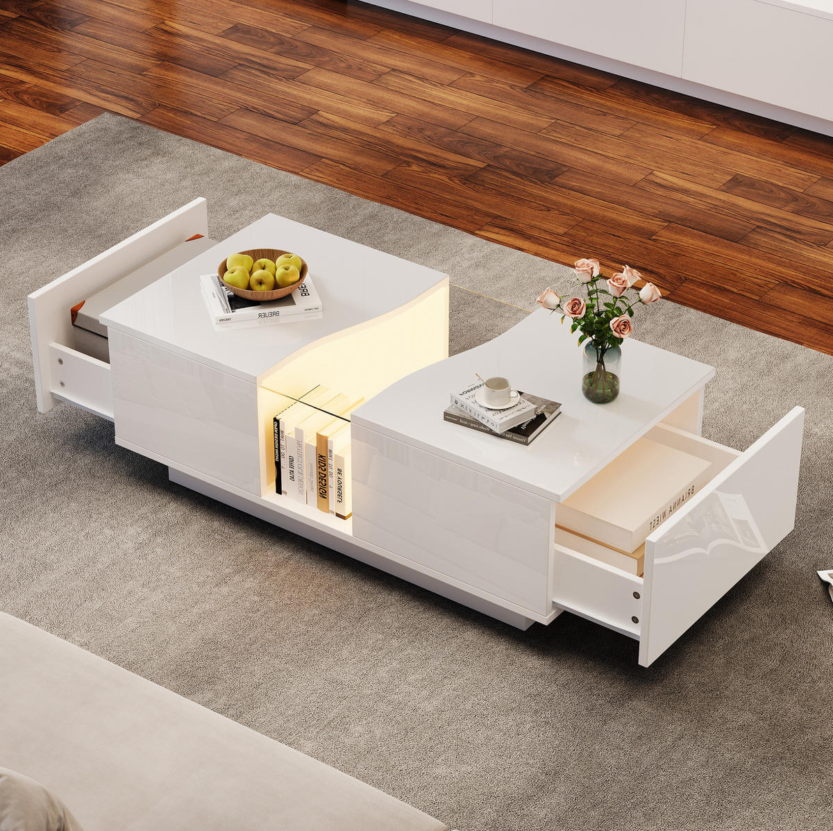 COUCHTISCH 100/50/35 cm in Weiß Hochglanz mit LED-Beleuchtung und 2 Schubladen - Weiß, Holzwerkstoff (100/50/35cm) - Flora Grace