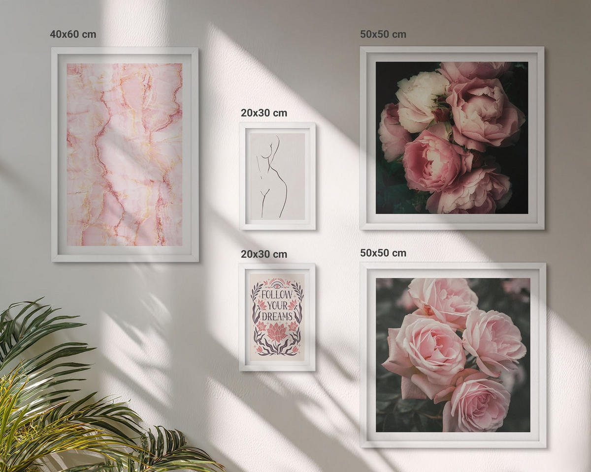 WANDBILDER 5er-Set - 50x50 cm & 20x30 cm & 40x60 cm Weißer Rahmen - Vintage-Rosen-Marmorträume - Weiß, Kunststoff (40/60cm) - ArtPrintCave